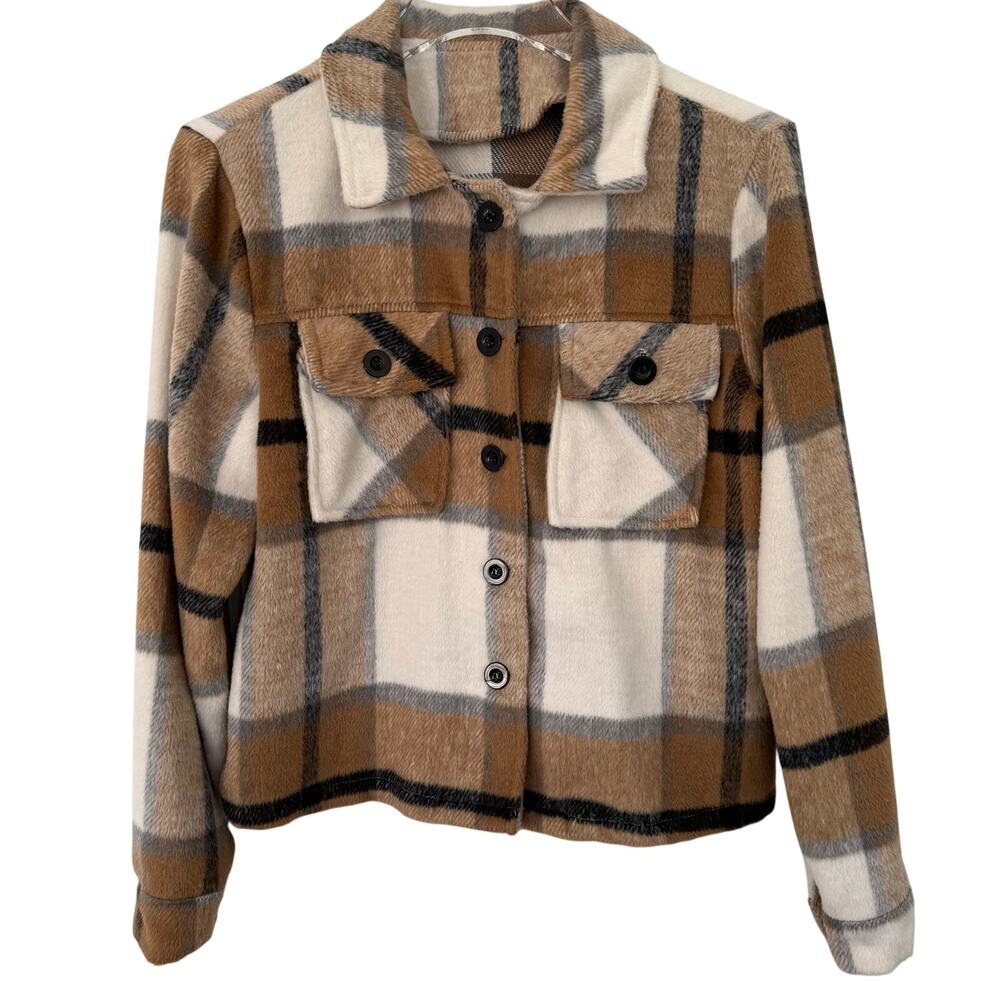 Frenchy Plaid Flap Pocket Button Down Tan Cream Black Shacket - Size Small